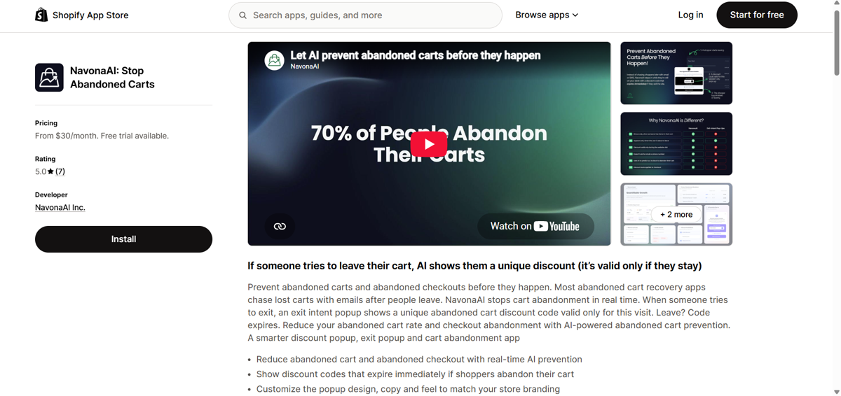 NavonaAI: Stop Abandoned Carts listing on the Shopify App Store