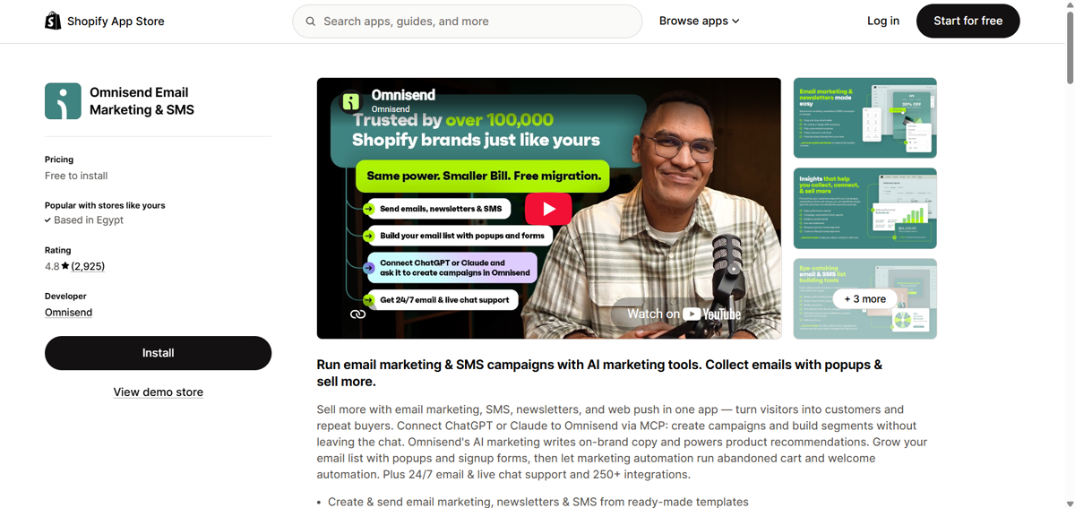 Omnisend Email Marketing & SMS listing on the Shopify App Store