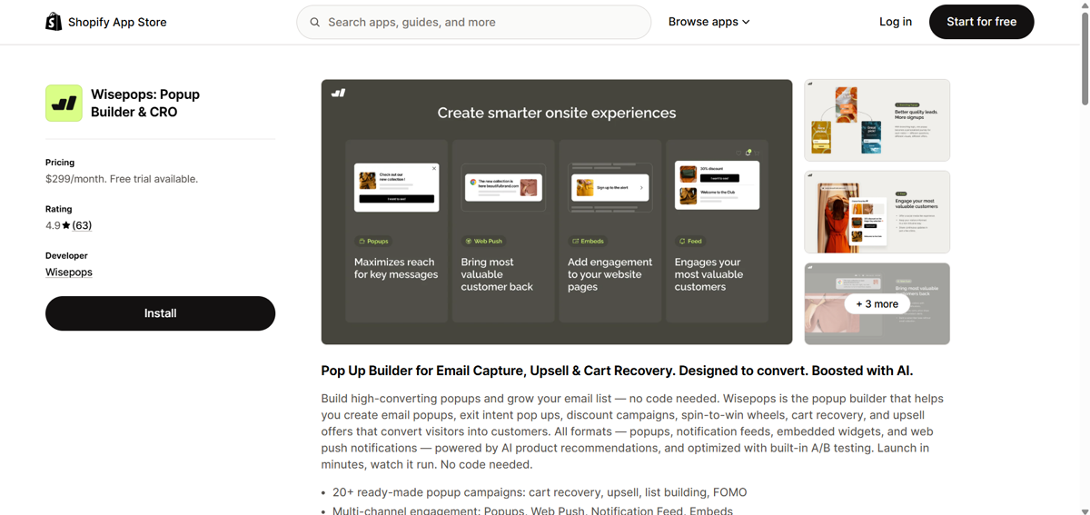 Wisepops: Popup Builder & CRO listing on the Shopify App Store