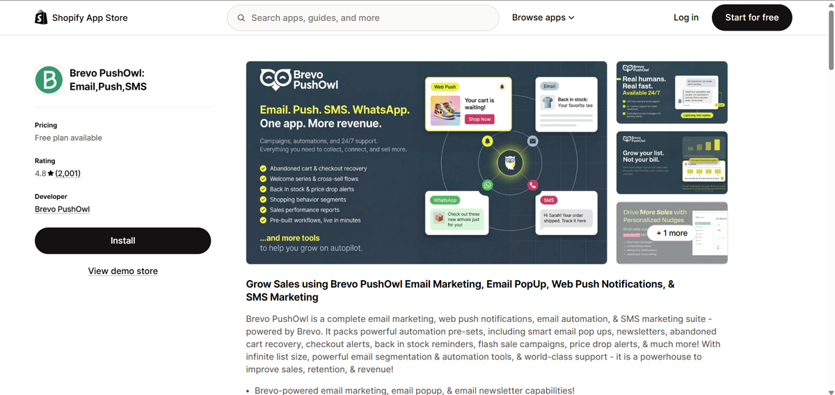 Brevo PushOwl: Email, Push, SMS listing on the Shopify App Store