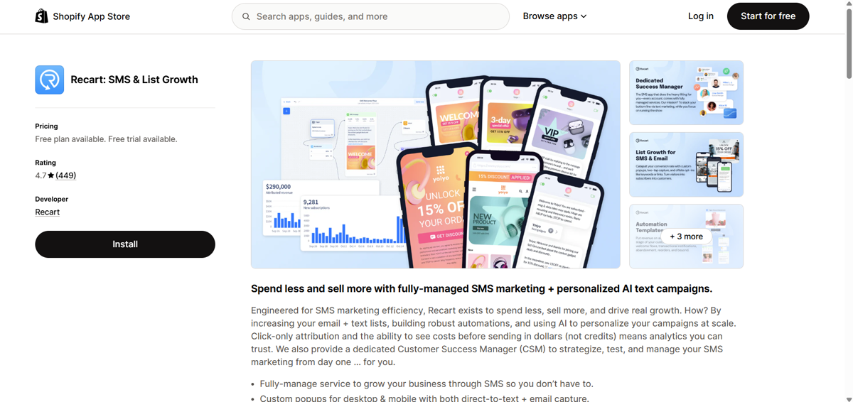 Recart: SMS & List Growth listing on the Shopify App Store