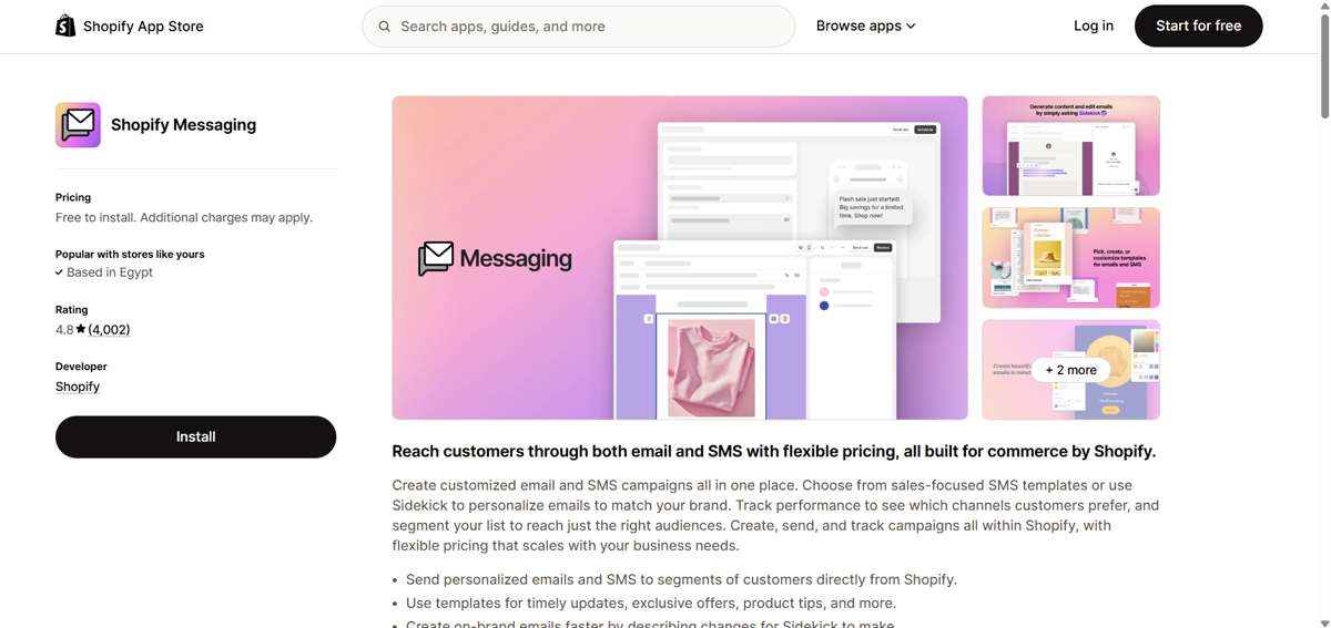 Shopify Messaging app listing on the Shopify App Store