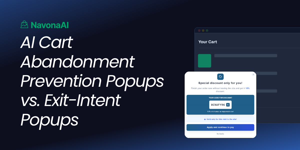 NavonaAI graphic titled "AI Cart Abandonment Prevention Popups vs. Exit-Intent Popups" showing a cart discount popup applying a code automatically