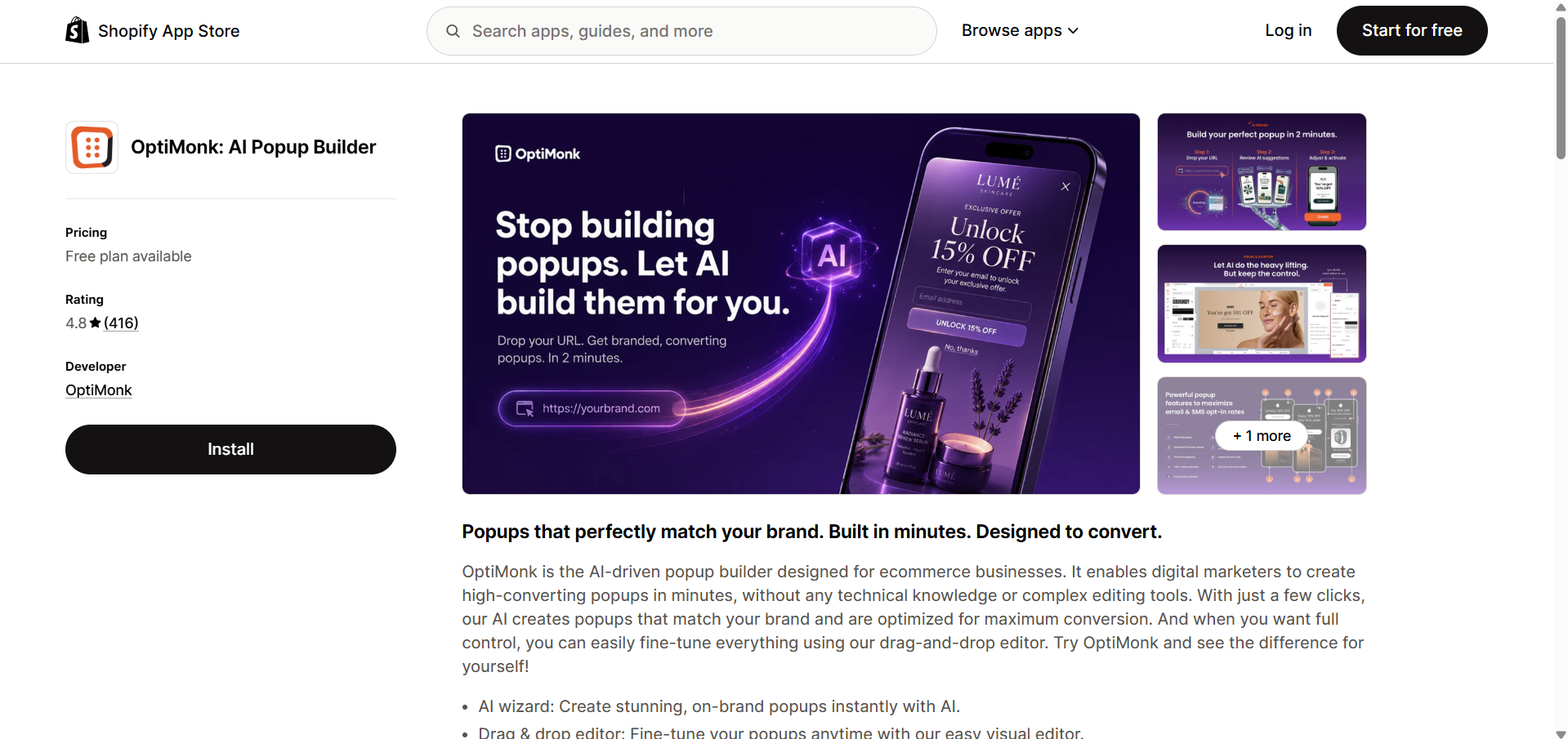 OptiMonk: AI Popup Builder listing on the Shopify App Store