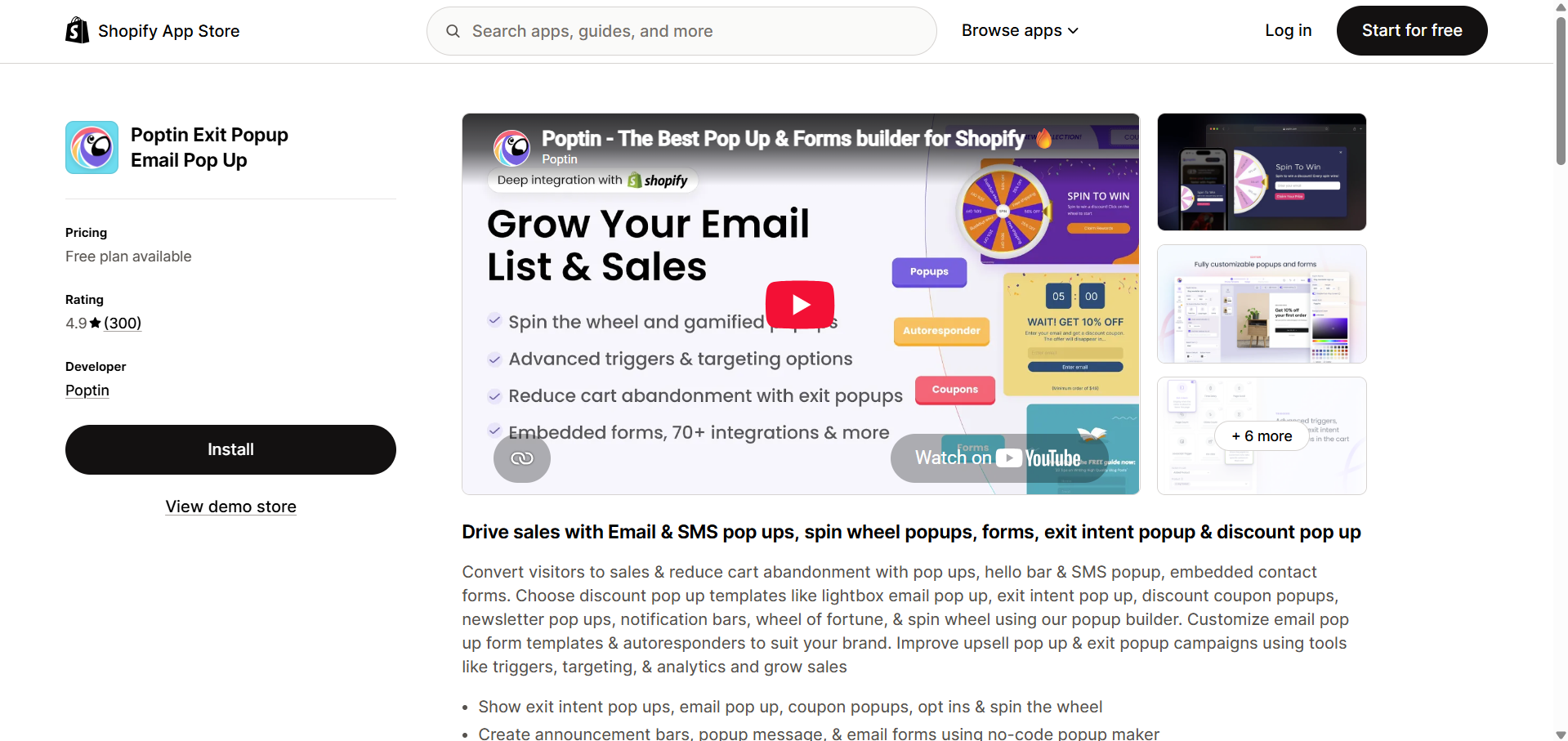 Poptin Exit Popup Email Pop Up listing on the Shopify App Store