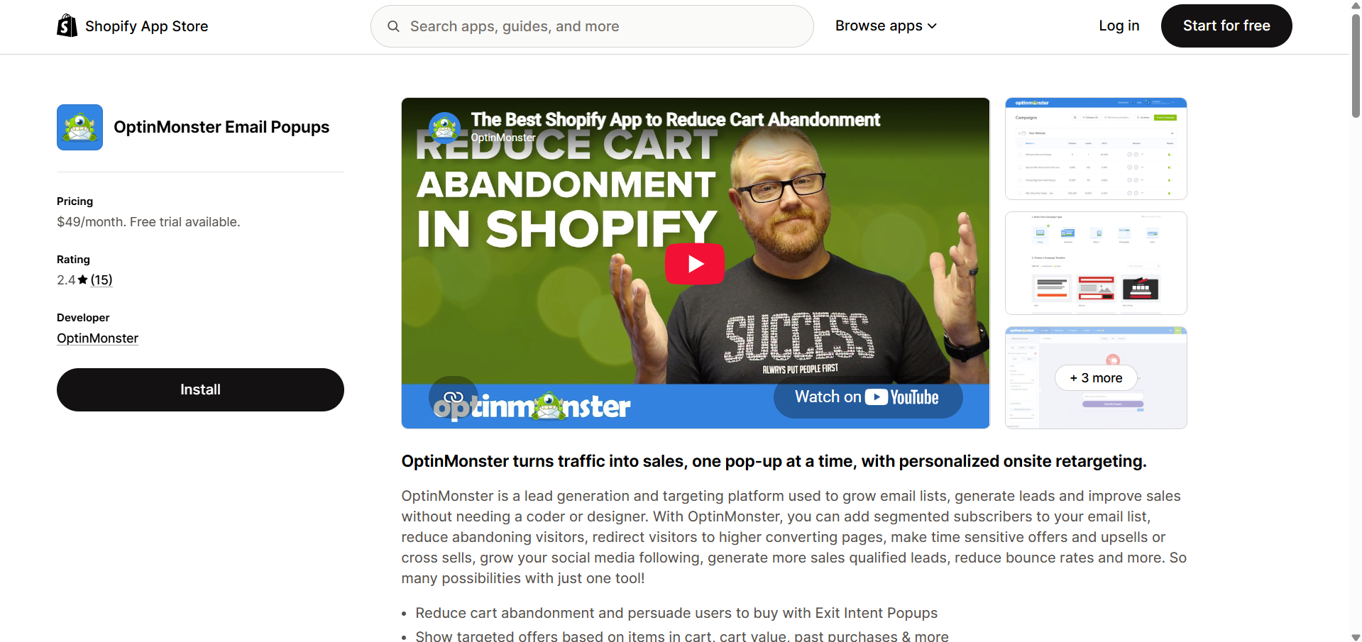 OptinMonster Email Popups listing on the Shopify App Store