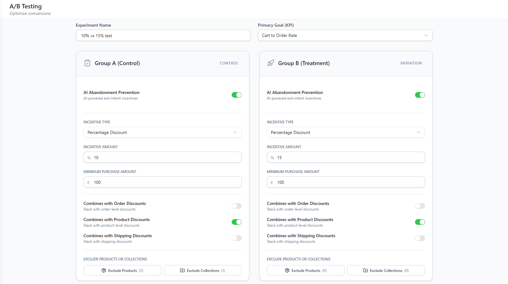 NavonaAI A/B testing setup screen showing Group A (Control) at 10% off and Group B (Treatment) at 15% off, with matching minimum purchase and stacking settings