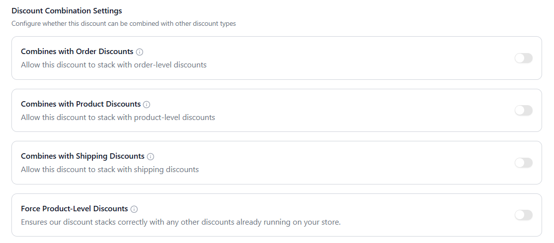 NavonaAI Prevention Settings showing the Discount Combination Settings: Combines with Order Discounts, Combines with Product Discounts, Combines with Shipping Discounts, and Force Product-Level Discounts