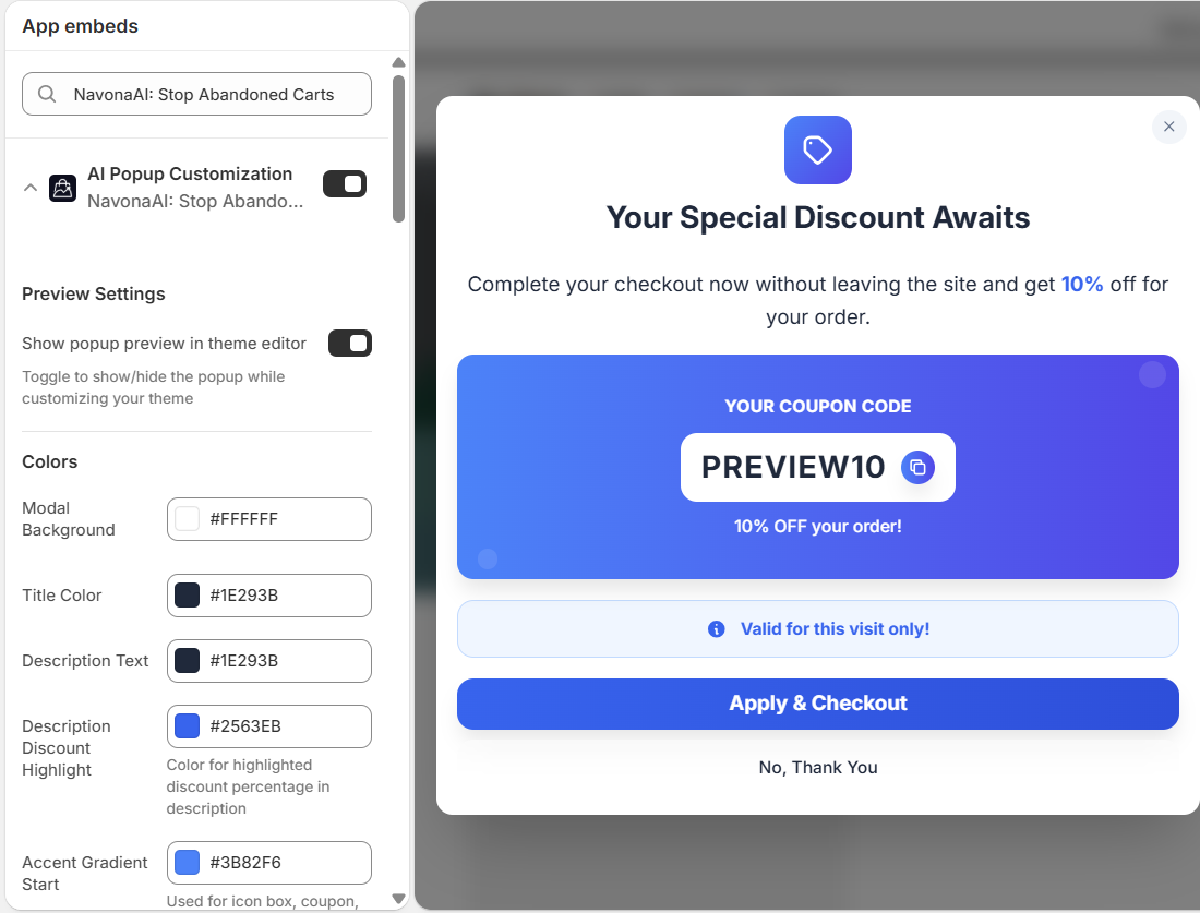 Shopify's theme editor with the App embeds panel open, showing the NavonaAI embed switched on and a preview of the popup
