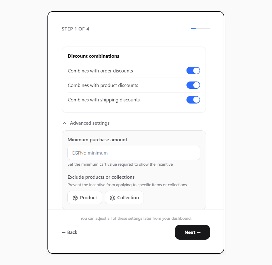 NavonaAI's setup screen for the offer, showing the discount combination switches, a minimum purchase amount, and the option to exclude products or collections