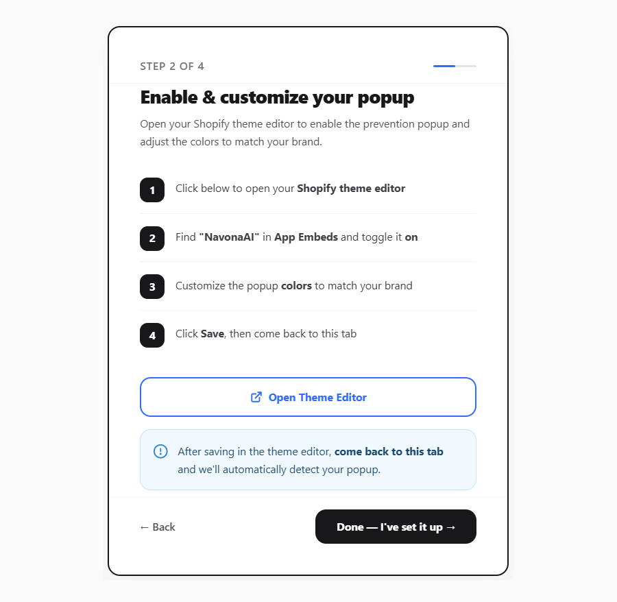 NavonaAI's Enable and customize your popup step, listing four steps: open the Shopify theme editor, find NavonaAI in App Embeds and toggle it on, customize the colors, then click Save