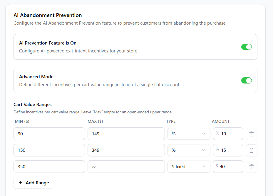 NavonaAI's Advanced Mode settings showing three cart value ranges: $90 to $149 at 10% off, $150 to $349 at 15% off, and $350 and up at $40 fixed